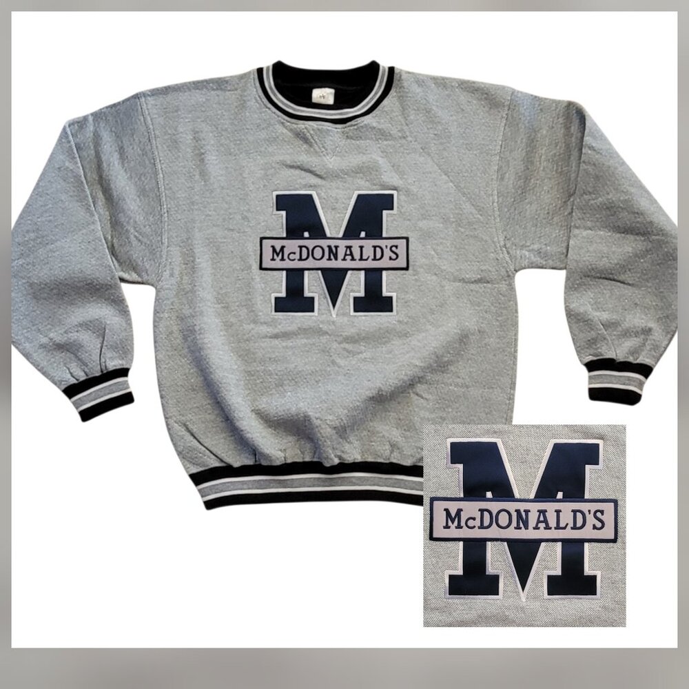 Vintage McDonald’s Varsity Sweatshirt Gray Striped Cuffs BAC Premier NEW Rare